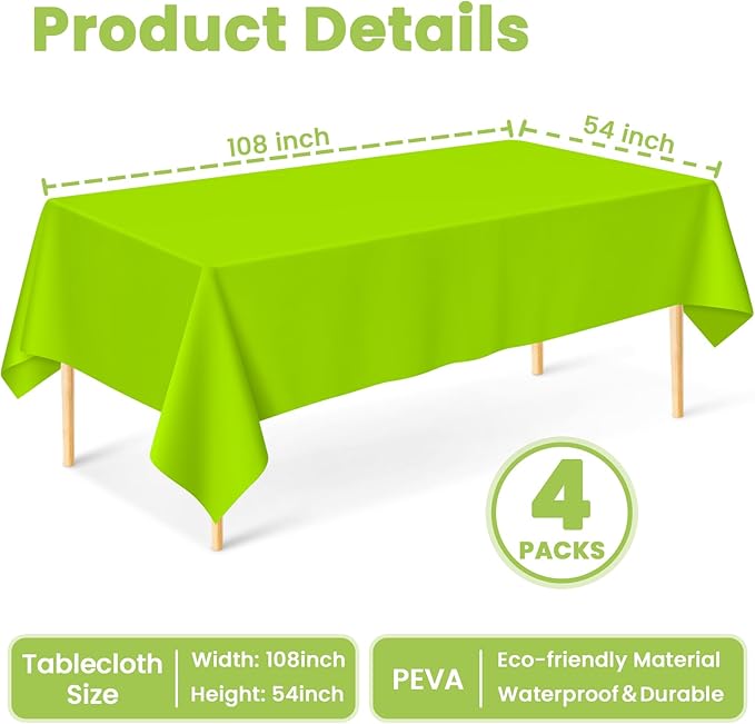 Mulbozy Lime Green Plastic Table Cloth Disposable 4 Pack, 54 × 108 Inch Tablecloths Rectangle, Green Plastic Table Cover for Party Decor