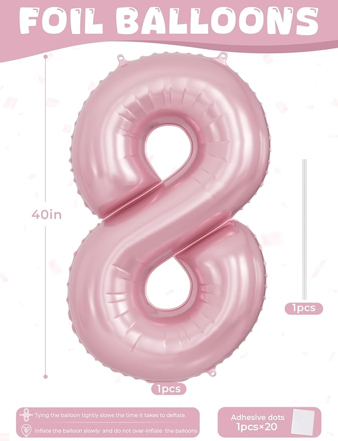 Pink Number 8 Balloons – 40 Inch Giant Foil Number Balloon, Light Pink Number Balloon for Girls Birthday, Baby Shower & Princess Theme Party Decorations