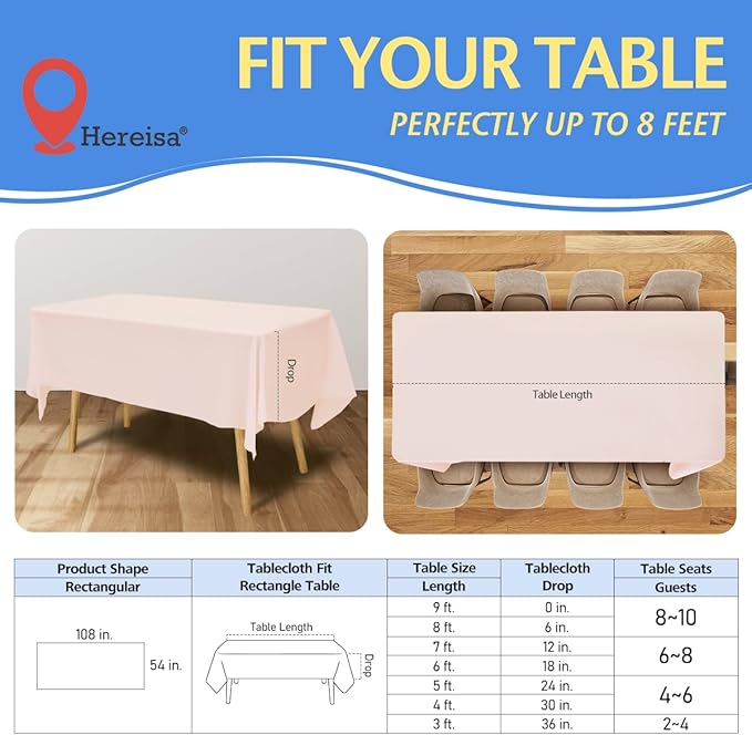 8-Count Blush Pink Disposable Plastic Tablecloths Rectangle 54x108 Inch - Extra Long Waterproof Banquet Table Covers for Parties & Catering