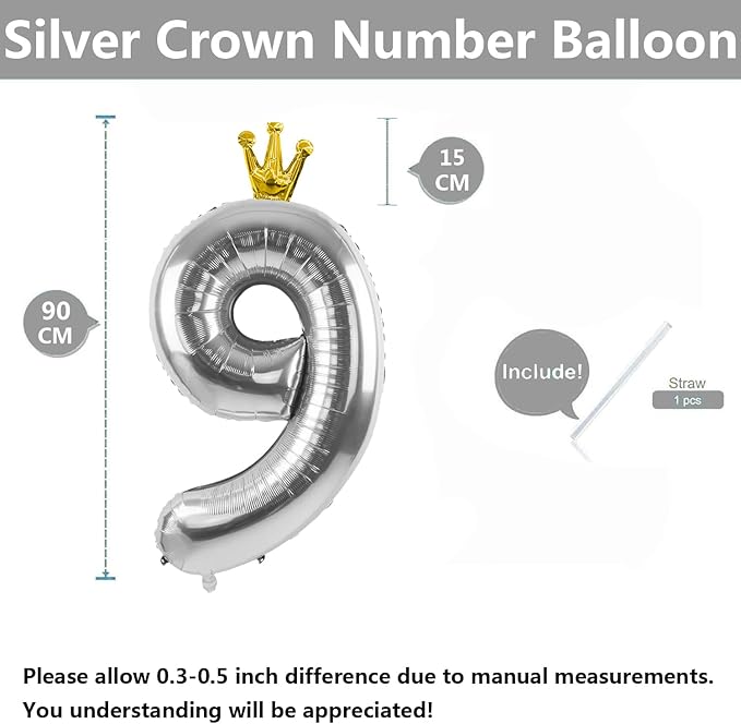 Silver Number 9 Balloon with Crown, 40 inch Silver Number Balloon 9th Birthday Party Decoration Silver Crown Balloons 0-9 for Birthday Party Anniversary Decorations Supplies