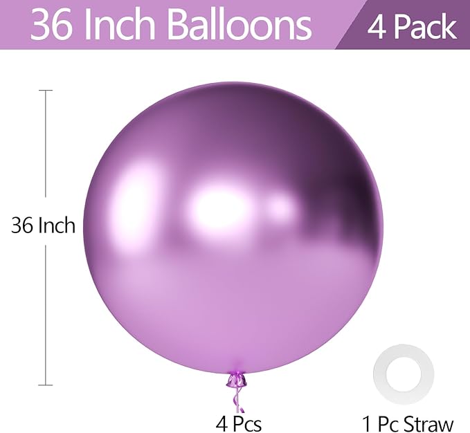 KALOR Metallic Purple Giant Balloons 36 Inch Large Latex Balloons, 4 Pack Jumbo Round Helium Balloon for Birthday Bridal Shower Wedding Baby Shower Party Decorations