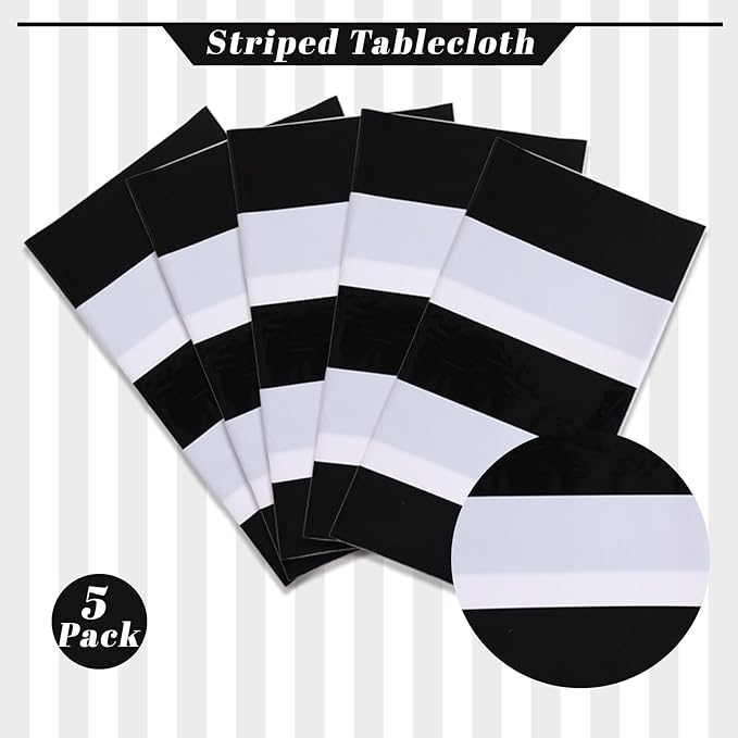 Kesfey 5 Packs Black and White Vertical Striped Tablecloth 54 x 108 Inch Geometric Black Stripe Table Cloths Disposable Plastic Stripe Table Covers Waterproof Picnic Tablecover for Halloween Party