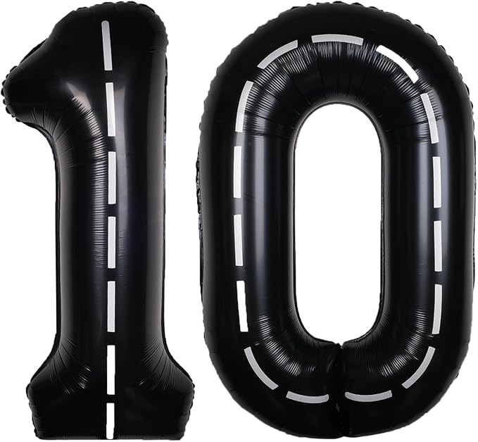 Race Car 40Inch Black 10 Balloon Number Large Helium Race Track 0-9 Giant Digital 10th Foil Mylar Big Party Number Balloons for Boy Birthday Car Theme Party Anniversary Graduation Decorations