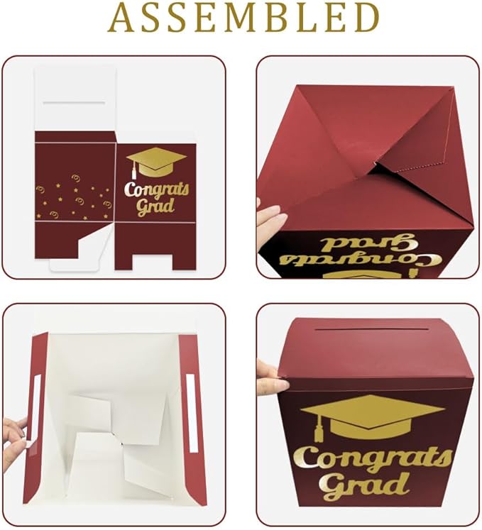 Graduation Card Box Holder, Congrats Grad Foldable Cardboard Decorations Box for Graduation Party Decoration and Grad Parties (Maroon)