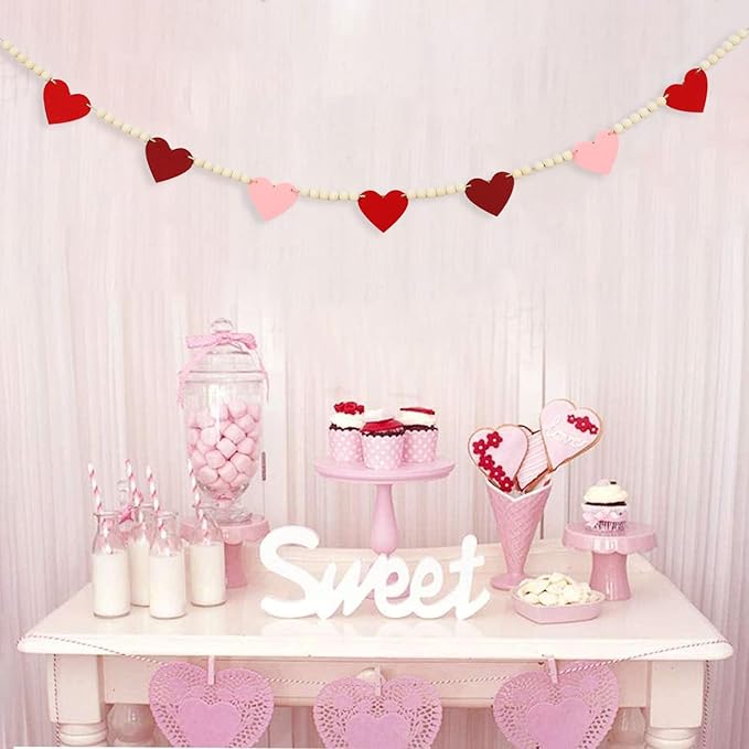 DAZONGE Valentines Day Decorations, Wood Bead Garland with Felt Hearts for Valentine Decor, Red and Pink Farmhouse Valentine’s Day Banner for Wedding, Anniversary Decorations