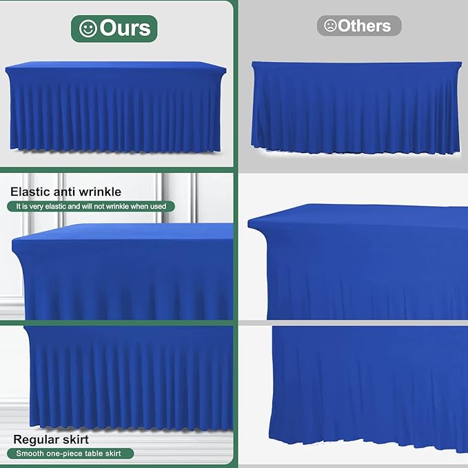 Table Skirts for Rectangle Tables 8ft - 2 Pack One-Piece Royal Blue Tablecloths and Skirt, Wrinkle Resistant Ruffles Elastic Cover for Banquets, Weddings, Events, Parties