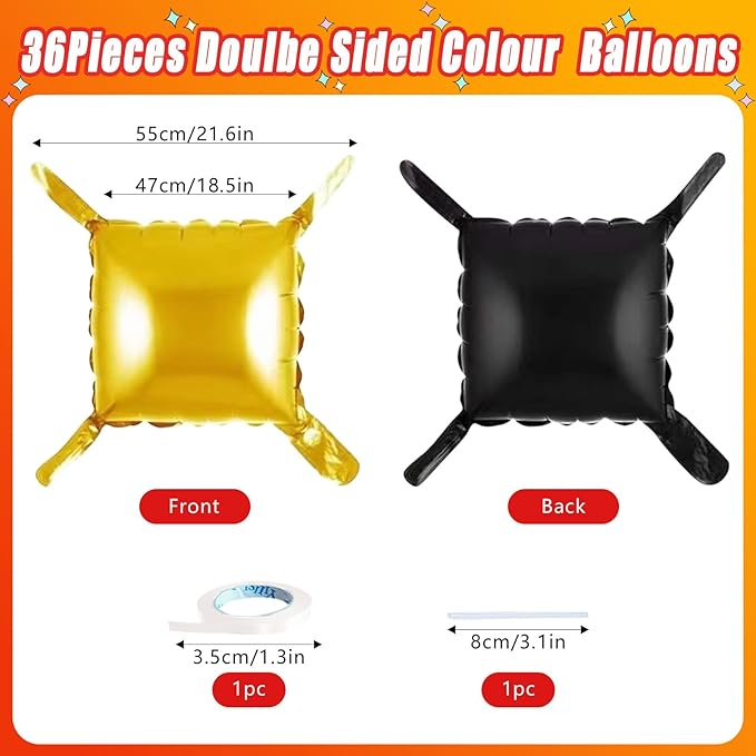 36 Piece XL Black and gold Double Sided Square Balloon Screen Tunnel Arch Kit Mylar Square Balloons For Baby Shower Graduation Prom Birthday Party Decorations
