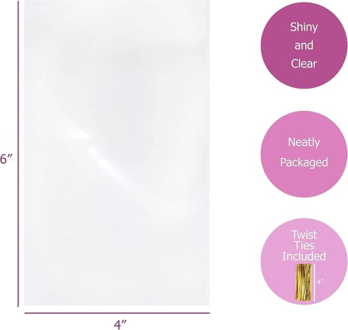 Purple Q Crafts Clear Plastic Cellophane Bags with 4" Colored Twist Ties for Gifts Party Favors (4"x6" 100 Pack)
