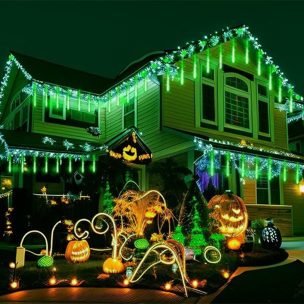 Halloween Lights Outdoor, 16 Inch Meteor Shower Lights for Alien Halloween Decorations, St. Patrick's Day Green Icicle Light for Yard Garden Outside Tree Holiday Porch Roof Decor