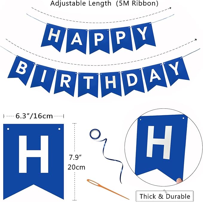 Happy Birthday Banner, Birthday Flag Bunting for Birthday Party Backdrop Decor, Happy Birthday Sign Party Supplies for Girls Boys Kids and Women Hanging Decor (Blue)