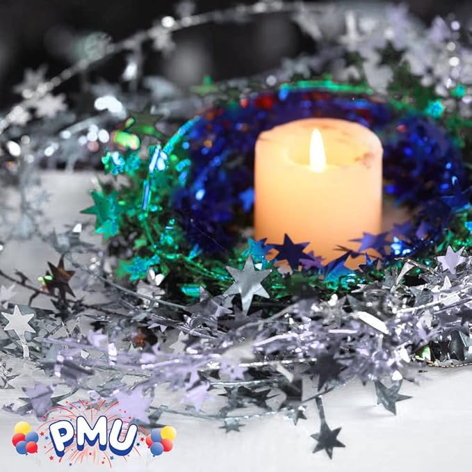 PMU 300 Ft Star Wire Shiny Garland Silver - Halloween, Christmas Party, Wedding, Birthday, Festive Home Decoration Ornament Silver (12pc-25Ft Each)