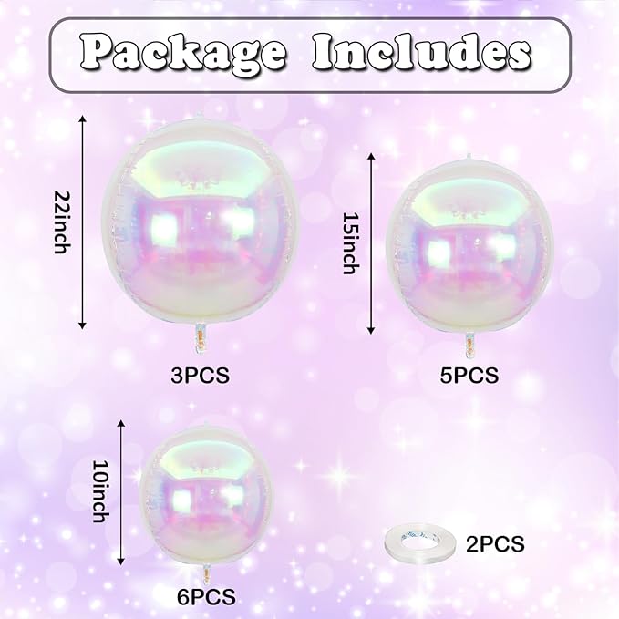14 Pcs Iridescent Round Foil Balloons 22/15/10 Holographic 4D Ball Balloons Clear Balloon Ornament Mylar Balloon for Girls Mermaid Under The Sea Rainbow Birthday Wedding Disco Party Decoration
