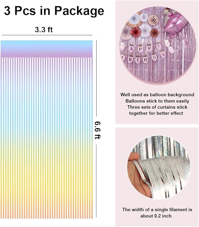 3 Pack Backdrop Curtains, Fringe Streamers Tinsel Backdrop, Birthday Decorations, Disco Party Decor (3.3 x 6.6', Pink)