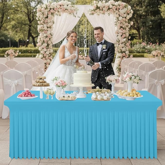 Smiry Spandex Tablecloth 2 Pack, Elastic Fitted Stretch Tablecloth for 8FT Rectangle Tables, Waterproof Washable Table Cover Skirt for Wedding, Banquet & Parties (Blue Mist, 96Lx30Wx30H Inch)