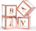 Baby Boxes with Letters for Baby Shower, 4 Transparent Balloon Boxes for Gender Reveal, Wedding, Birthday Decorations (Rose Gold)