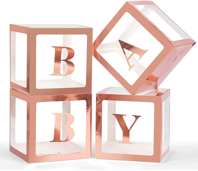 Baby Boxes with Letters for Baby Shower, 4 Transparent Balloon Boxes for Gender Reveal, Wedding, Birthday Decorations (Rose Gold)