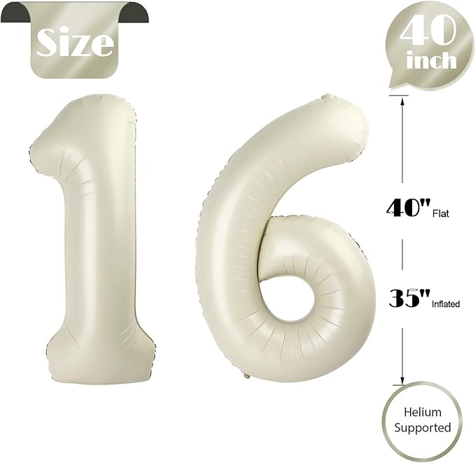 16 Balloon Number, Cream Number 16th Birthday Balloons 40 Inch, Sweet 16 Years Old Cream Birthday Decorations for Boys Girls, 16th Anniversary Decorations