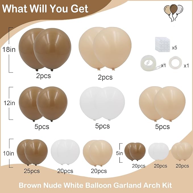 Netural Brown Balloons Arch Kit,144pcs Teddy Bear Balloons Garland Kit with Brown Nude and White Latex Balloons for Baby Shower Neutral Woodland Wedding Safari Birthday Party Decorations