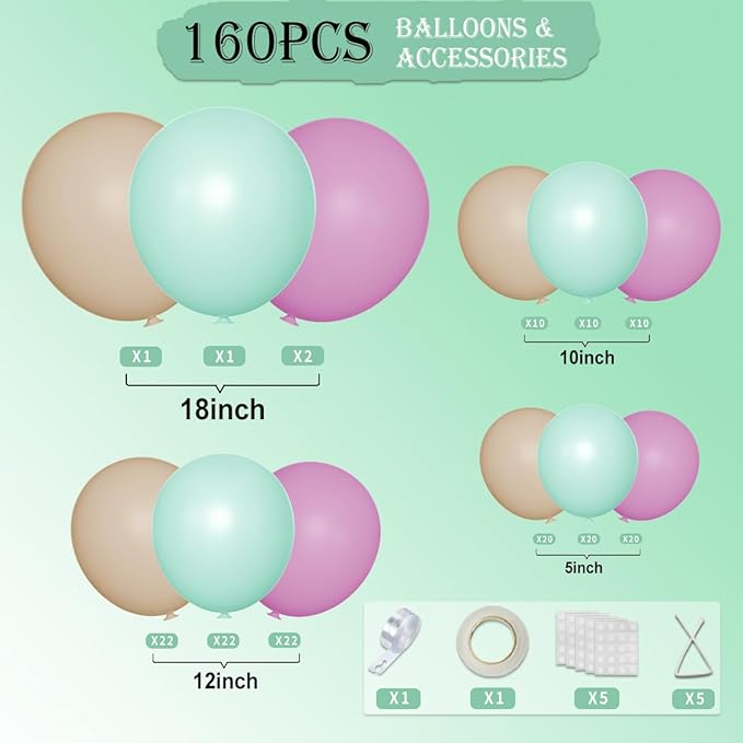Dusty Purple Green Nude Balloon Garland Arch Kit, 160Pcs Boho Blush Pastel Green Light Brown Balloons for Baby Shower Birthday Wedding Wildflower Party Decoration