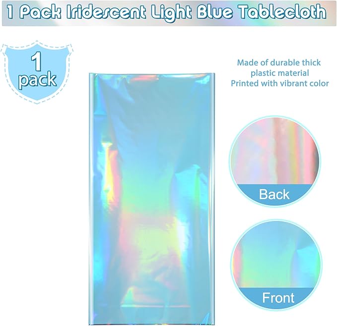 1 Pack Iridescent Light Blue Tablecloth for Parties, Pastel Blue Holographic Plastic Table Cover, Disposable Laser Baby Blue Table Cloth for Birthday Wedding Baby Shower Party Decorations, 54x108 Inch
