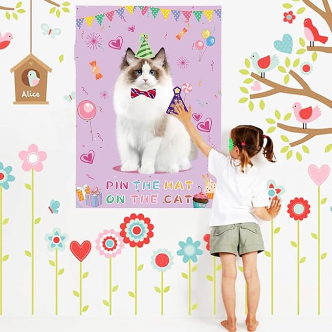 T-Antrix Pin The Hat on The Cat Party Games -Cat Themed Birthday Games for Girls with 21'' x 28'' Poster, Resuable Hats Stickers Carnival Party Supplies Kids Birthday Party Favor Sets