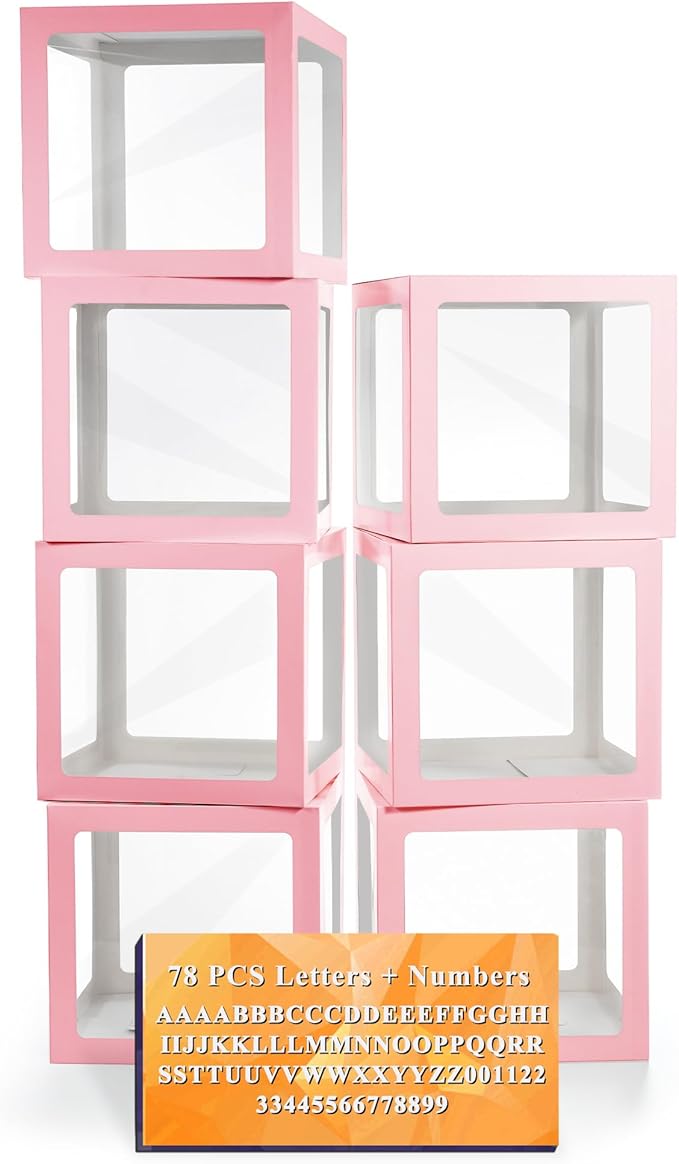 Ledido Transparent Balloon Boxes With 78 Letters Numbers, Pink Baby Boxes with Letters for Baby Shower Clear Letter Boxes for Party Wedding Birthday Baby Shower Graduation Decorations 7 PCS