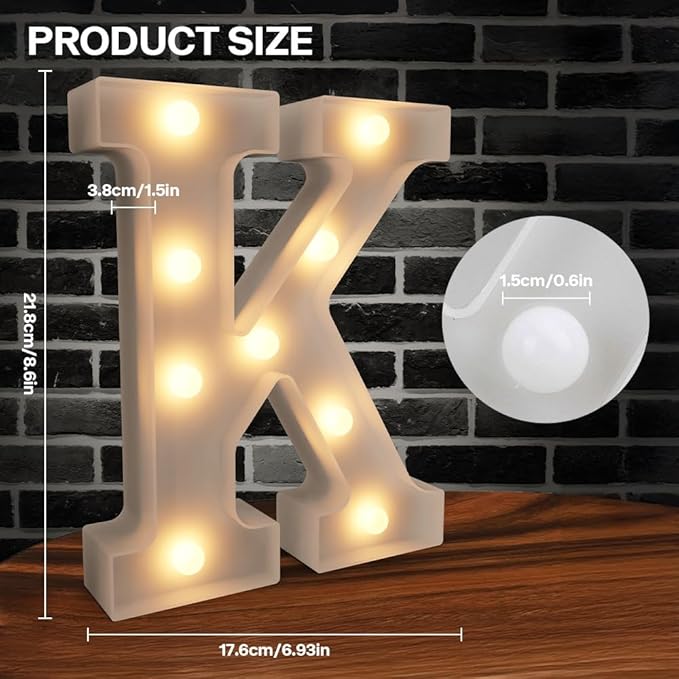 Light Up Letters Marquee Sign, 26 Alphabet LED Lights, Battery Powered, White Plastic, Perfect for Engagement, Wedding, Baby Shower, Birthday Parties - Letter K