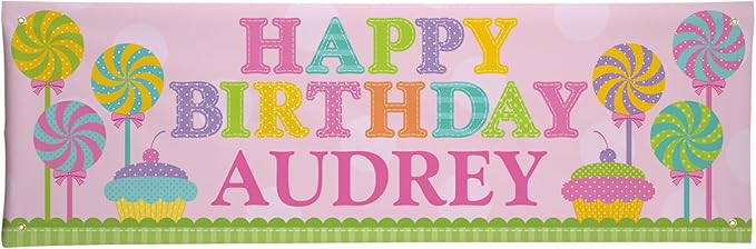 Let's Make Memories Personalized Pink Happy Birthday Banner for Kids - Custom Birthday Party Decorations - Indoor/Outdoor Vinyl - Any Name - Sweets Design - 6ft