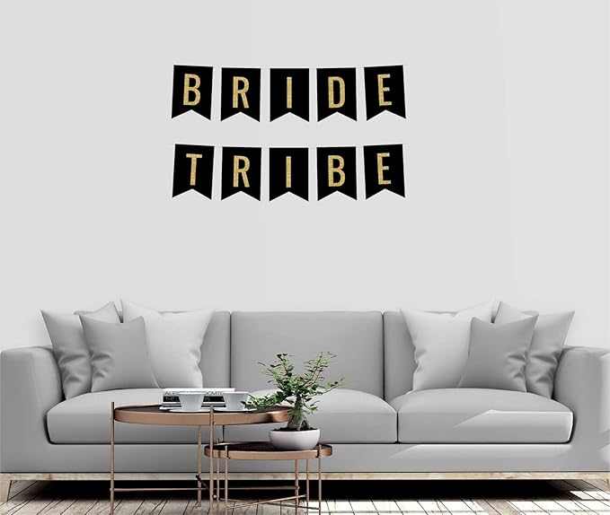 Andaz Press Faux Gold Glitter on Black Bridal Shower Bachelorette Party Banner Decorations, Bride Tribe, Approx 5-Feet, 1-Set, Colored Hanging Pennant Decor