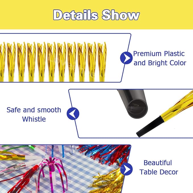 Lovecheer 24/60PCS Fringed Foil Party Noisemakers Metallic Fringed Party Blowers for Adults Birthday Wedding New Year Christmas Blowouts