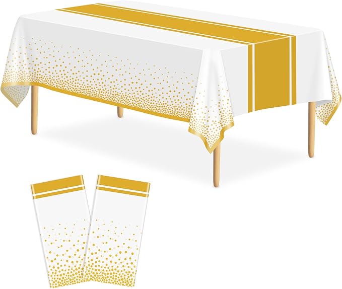2 Pack White and Gold Tablecloth Party Decorations Plastic White Tablecloth Printed Gold Table Runner 54 x108 Inch Disposable Rectangle Table Cover for Birthday Wedding Graduation Anniversary