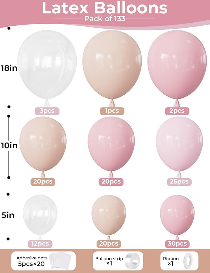 Light Pink Balloon Arch Kit - 133PCS Pastel Macaron Pink, Light Orange, and Clear Balloons for Girl's Birthday, Baby Shower, Gender Reveal, Bridal Shower, Wedding Decor