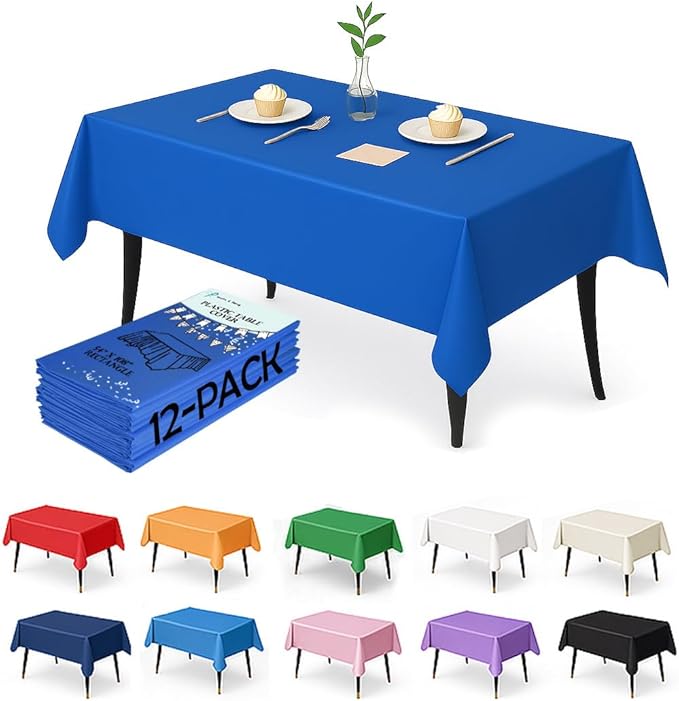 Craft And Party 12-Pack Royal Blue Plastic Tablecloths – 54 x 108 Inch Disposable Table Covers for Rectangle Tables, Heavy Duty & Waterproof for Parties, Events, Banquets, Royal Blue