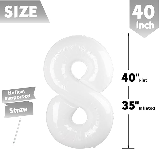 40 Inch White Number 8 Balloon, Giant 8 Number Balloons for 8th Birthday Decorations, Party Supplies for Baby Boy Girl, White Party Decor