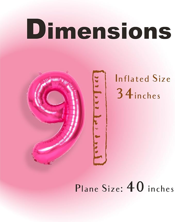 SUWEN 40 Inch Hot Pink Large 9 Number Balloons Big Foil Helium Number Balloons 0-9 Jumbo Happy 9th Mylar Birthday Party Decorations for Girl Anniversary Party Supplies