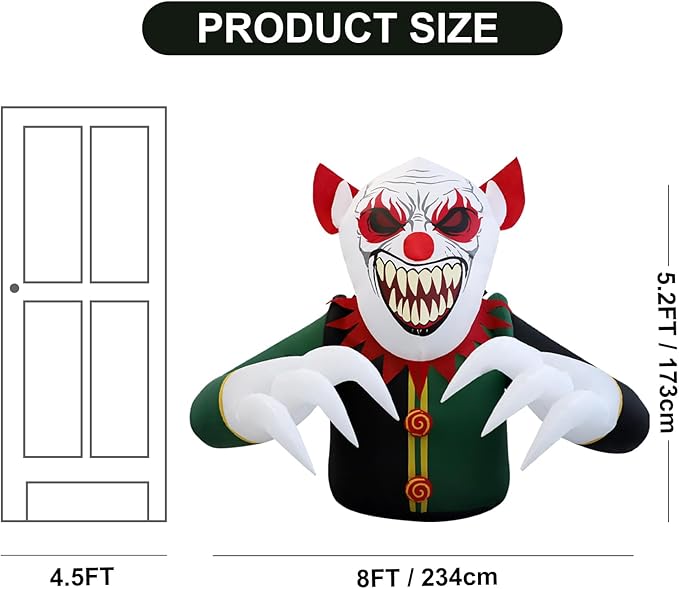 7.5ft Clown Halloween Outdoor Inflatable Decoration, Outdoor Decoration with LED Lights, Holiday Inflatable Decoration for Outdoor Patio, Garden, Lawn