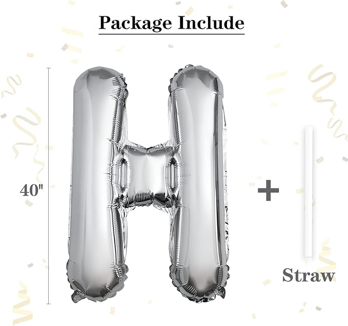 40 inch Silver Letter H Balloon, Big Size Alphabet Foil Mylar Helium Balloons for Birthday Party Celebration Wedding Anniversary Baby Shower Decorations Supplies Alphabet H