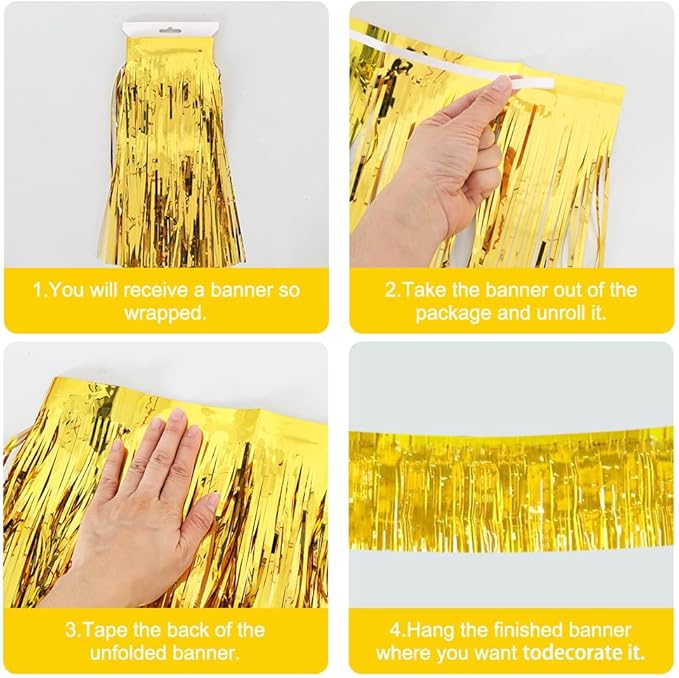 BEISHIDA 3 Packs 30 Feet Metallic Foil Fringe Garland Tinsel Streamers，Shiny Gold Wall Hanging Tinsel Fringe Banners for Wedding Birthday Party Decoration Halloween Christmas New Year
