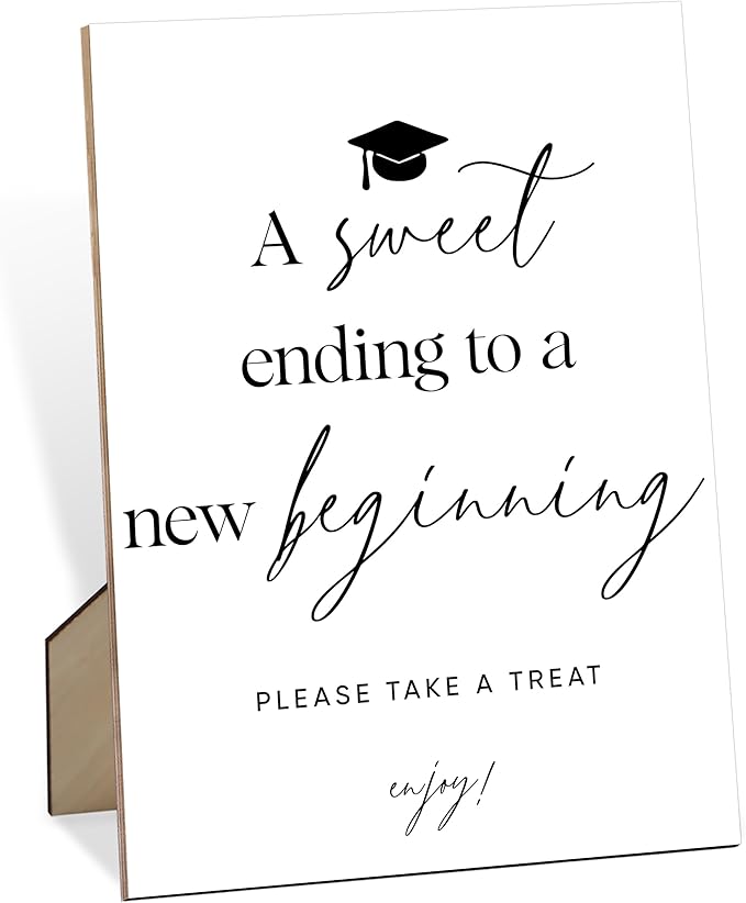 A Sweet Ending To A New Beginning Sign for Graduation, 8×11" Graduation Cap Wood Dessert Table Sign With Stand, 2025 Graduation Party Decorations Centerpieces for Tables, Congrats Grad Party Supplies