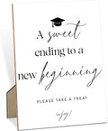 A Sweet Ending To A New Beginning Sign for Graduation, 8×11" Graduation Cap Wood Dessert Table Sign With Stand, 2025 Graduation Party Decorations Centerpieces for Tables, Congrats Grad Party Supplies