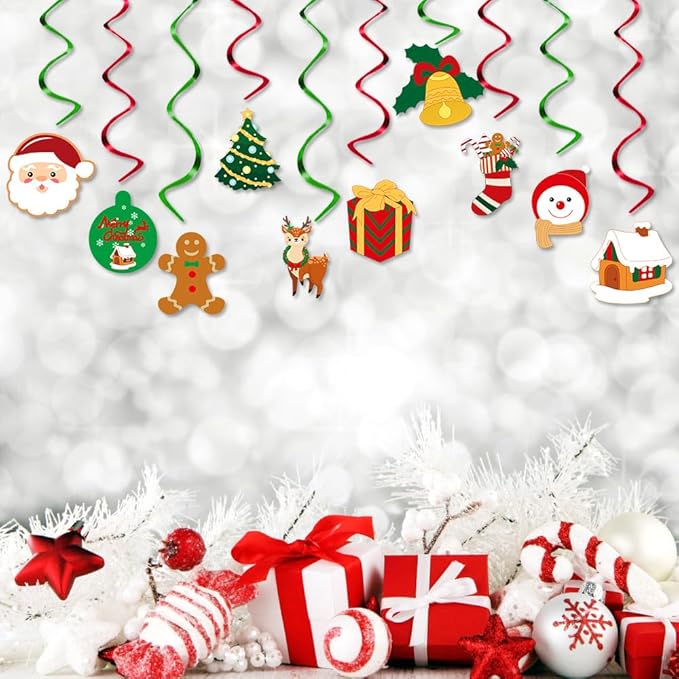 Merry-Christmas Ceiling Hanging Foil-Swirl Decorations - 20pcs Red Green Tree Socks Snowman Santa Claus Elk Gifts Streamers Garland, Fireplace Window Room Indoor Holiday Party Supplies Hugtmr