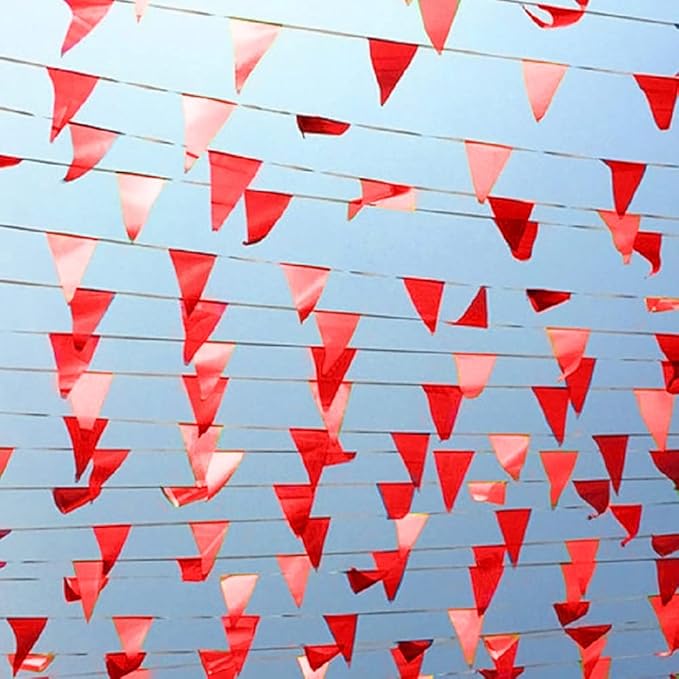 Novelty Place 36 Feet Solid Red Pennant Banner - 30 Multicolor Bunting Flags (8x11 Inches) - Birthday Party Grand Opening Holiday Decorations
