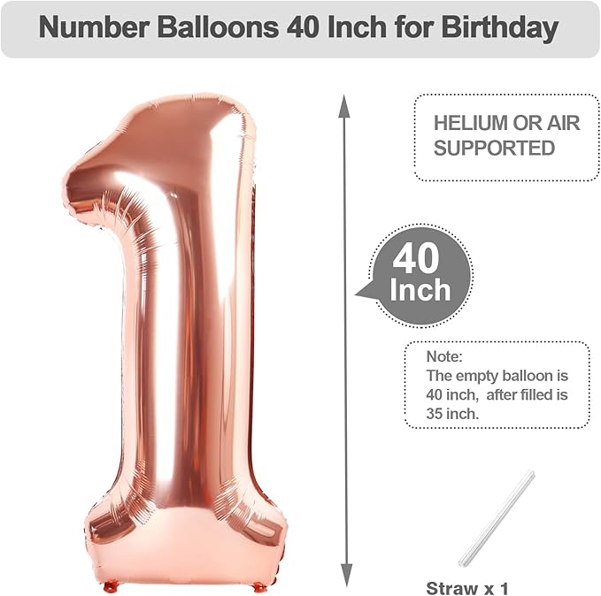 Birthday Number Balloons 40 Inch, 1 Balloon for Birthday Party, Rose Gold One Balloons Foil Number 1 Ballon for 1, 10, 11, 12, 13, 21, 100 Celebration, Birthday, Baby Shower, Anniversary Decor