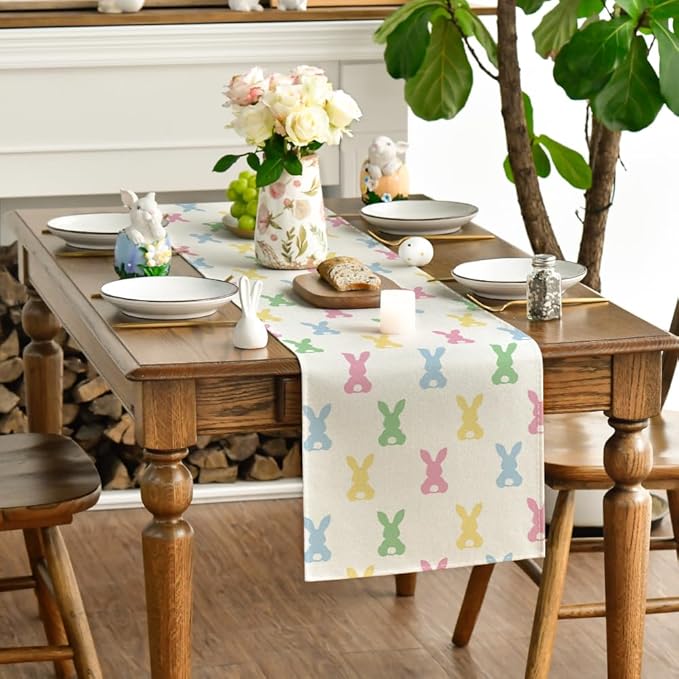 Artoid Mode Green Pink Bunny Rabbit Easter Table Runner, Spring Kitchen Dining Table Decoration for Home Party Decor 13x120 Inch