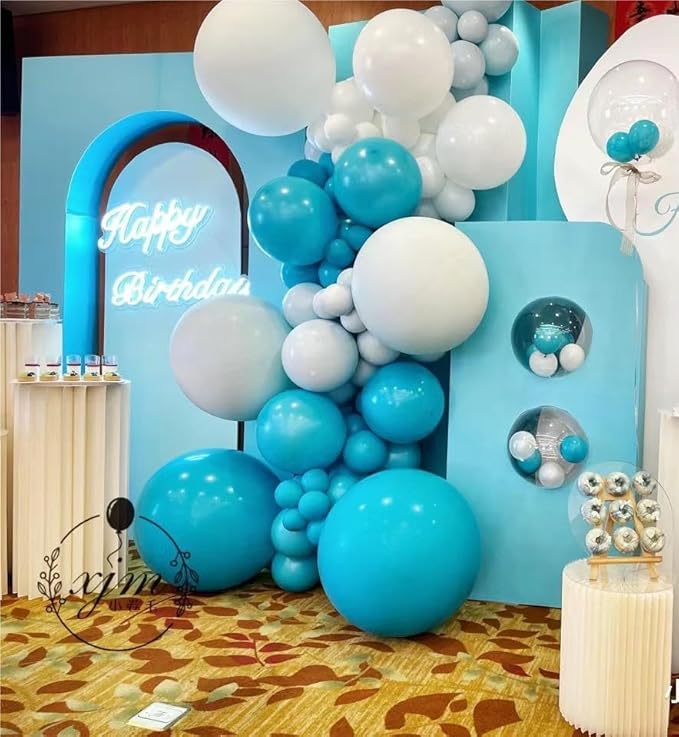 Teal Blue Silver White Balloons Garland Arch Kit, 141Pcs Latex Balloons Different Sizes 18 12 10 5 Inch for Birthday Party Graduation Baby Shower Wedding Holiday Balloon Decoration
