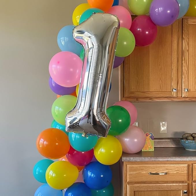 32 In Silver Large Numbers Balloons 0-9, Self Inflating Number 1 Balloons for Boys Girls, Big Silver Digit 1 Balloons for Women Men Birthday Party Anniversary Wedding Supplies Decorations