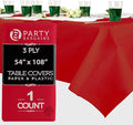PARTY BARGAINS Disposable Table Covers, 54 x 108 Inch, Real-Red, 3-Ply Paper & Plastic Spill-Resistant Party Tablecloths, 1 Pack