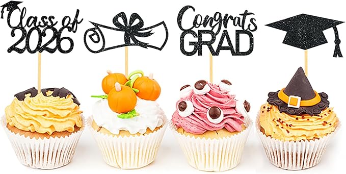 2026 Graduation Theme Cupcake Toppers Glitter Class of 2026 Graduation Cap Diploma Cupcake Picks - Set of 24 (Black)