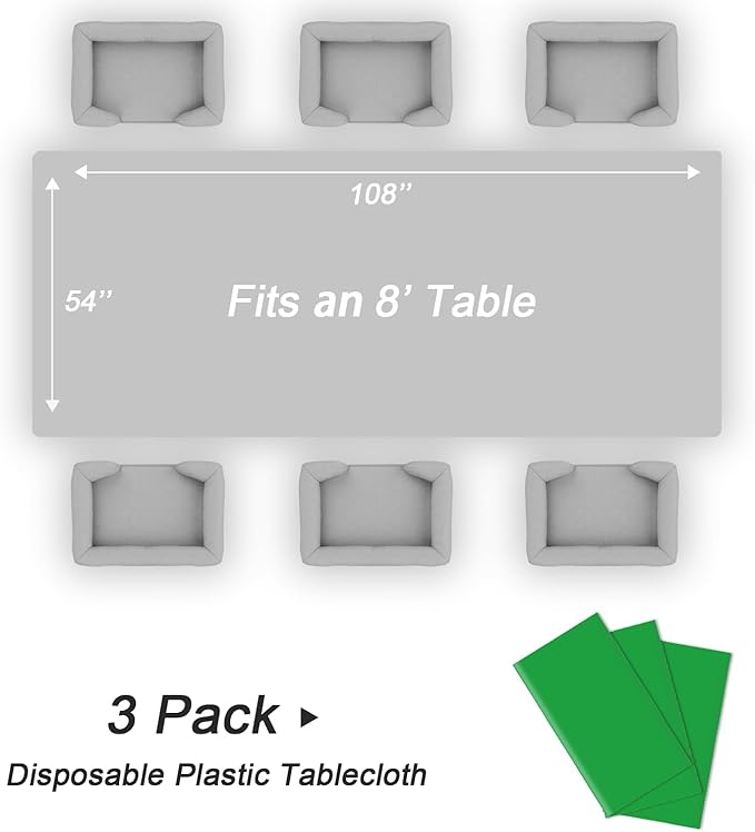 QIKSION Green Plastic Table Cloth Disposable 3 Pack, 54 x 108 Inch Tablecloths for St Patricks Day, Birthday Party, Christmas Decorations, Rectangle Table Cover