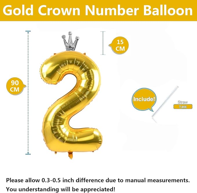 Gold Number 2 Balloon with Crown, 40 inch Gold Number Balloon 2nd Birthday Party Decoration Gold Crown Balloons 0-9 for Birthday Party Anniversary Decorations Supplies